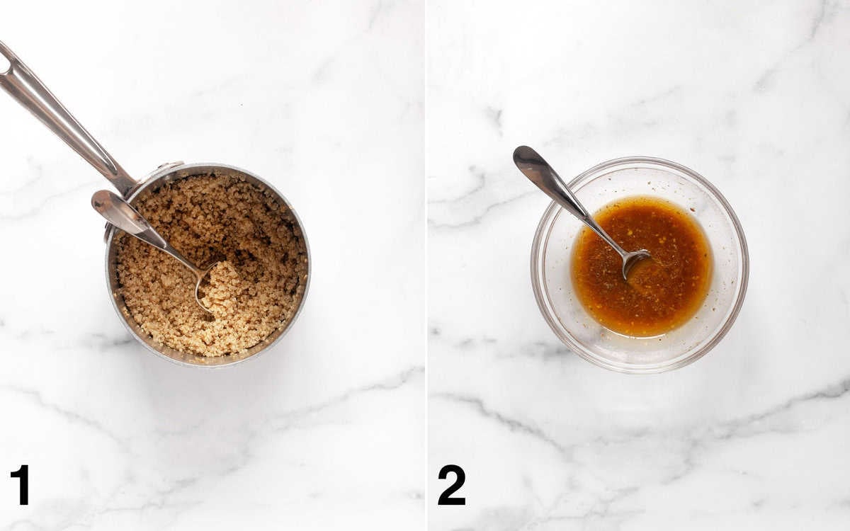 Cooked quinoa in a pot. Red wine vinaigrette in a small bowl.