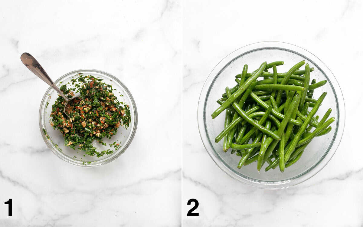 Gremolata in a small bowl. Green beans tossed with oil, salt and pepper in a large bowl.