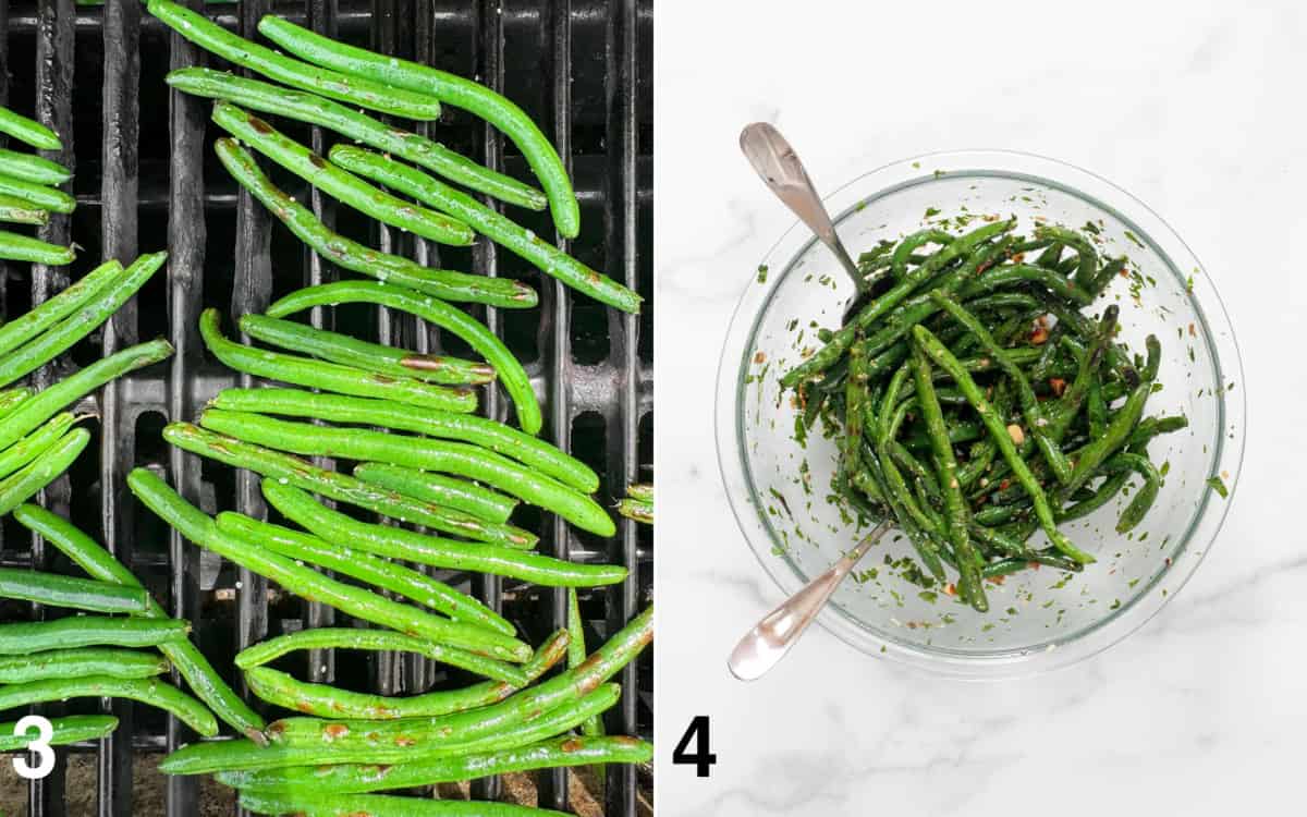 Green beans on the grill. Grilled green beans tossed with gremolata in a bowl.
