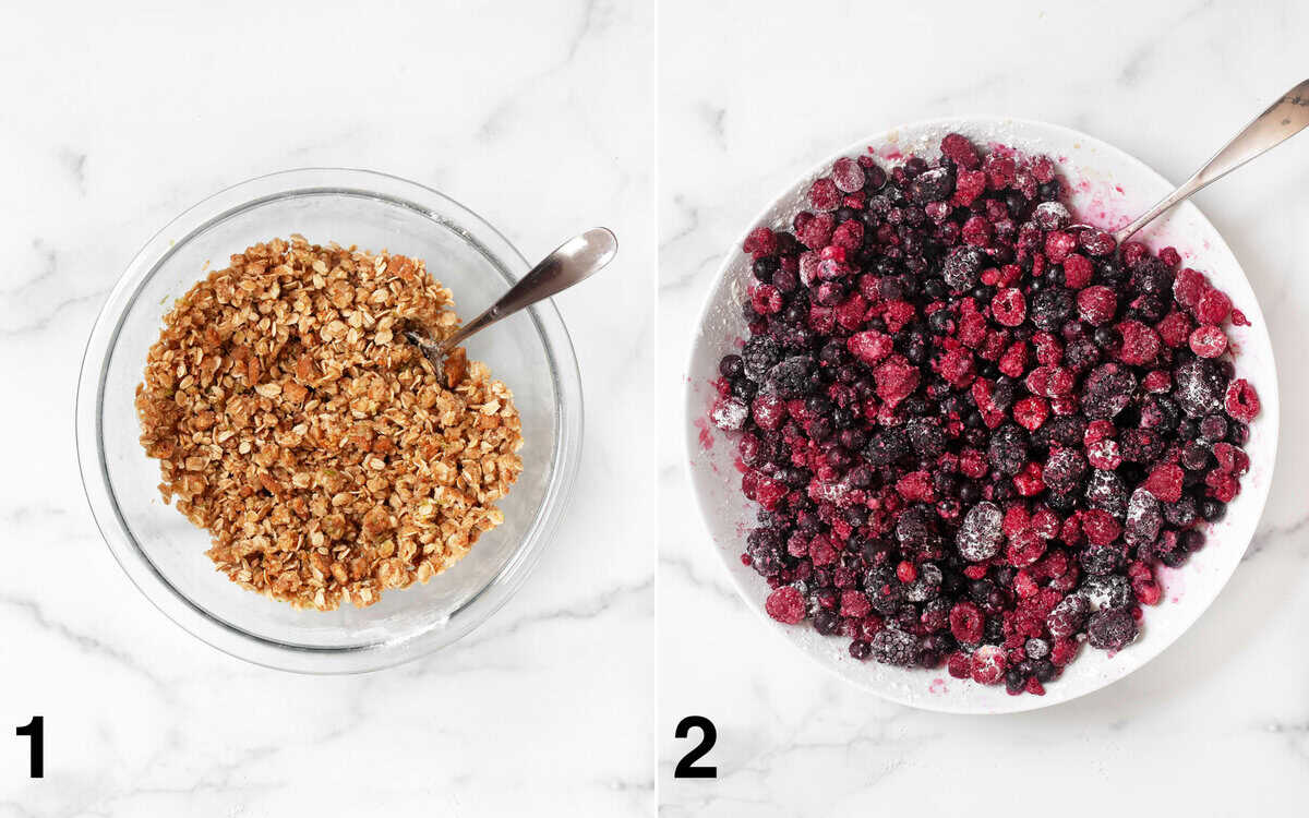 Gingersnap-oat mixture in a bowl. Mixed berry filling in a bowl.