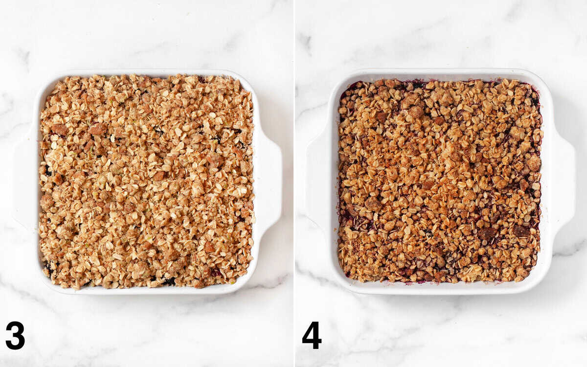 Berry crumble in a squash dish before and after it bakes.