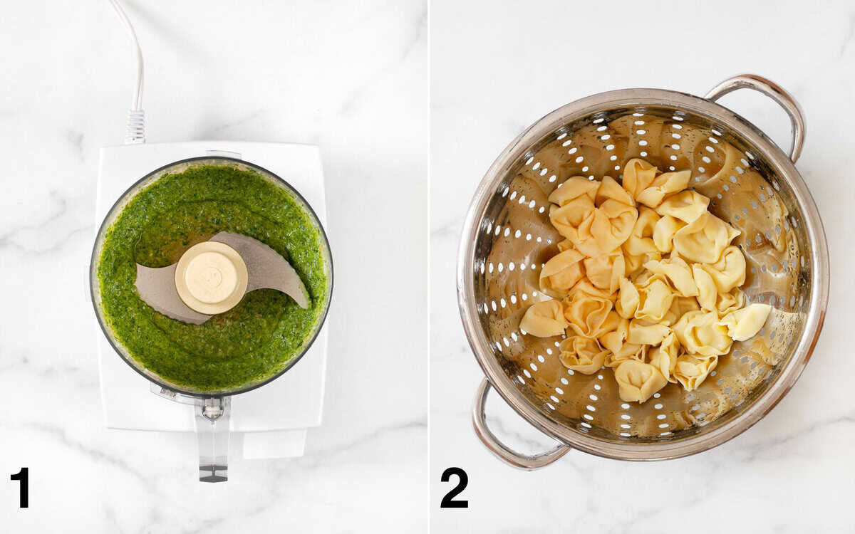 Pesto in a food processor. Cooked tortellini in a colander.