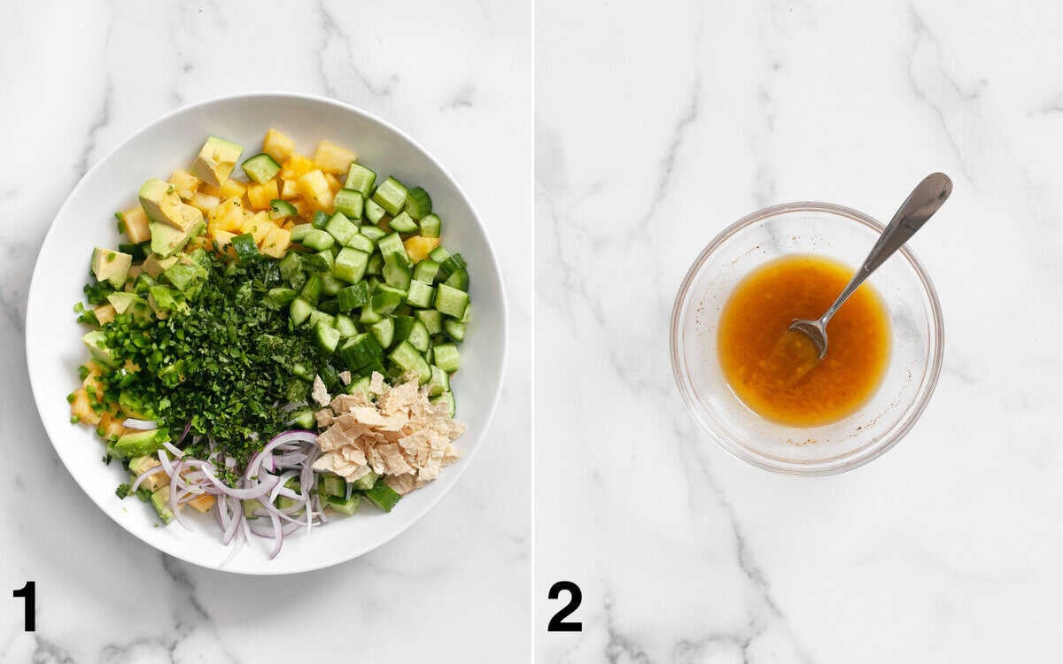 Salad ingredients in a large bowl. Lime dressing whisked in a small bowl.