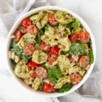 Pesto tortellinin salad in a bowl.