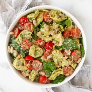 Pesto tortellinin salad in a bowl.