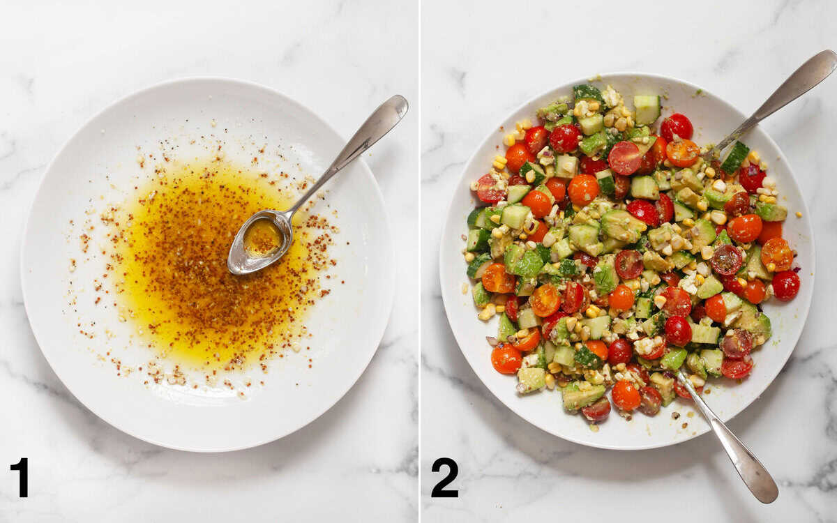 Dressing stirred in a large bowl. Salad ingredients tossed in dressing.