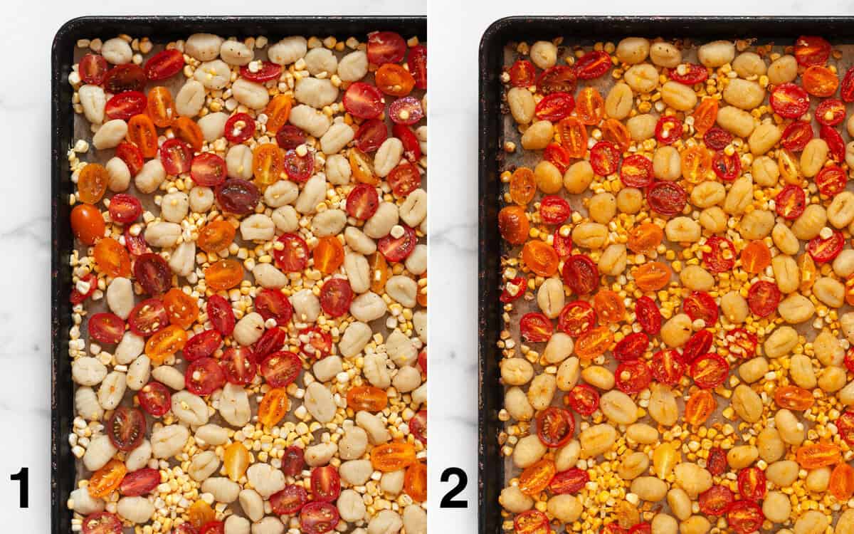 Gnocchi, tomatoes and corn on a sheet pan before and after they roast.