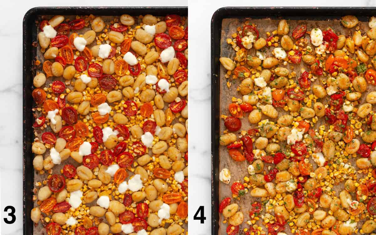 Melted mozzarella on gnocchi and veggies. Gnocchi, corn and tomatoes tossed with pesto and chives on a sheet pan.