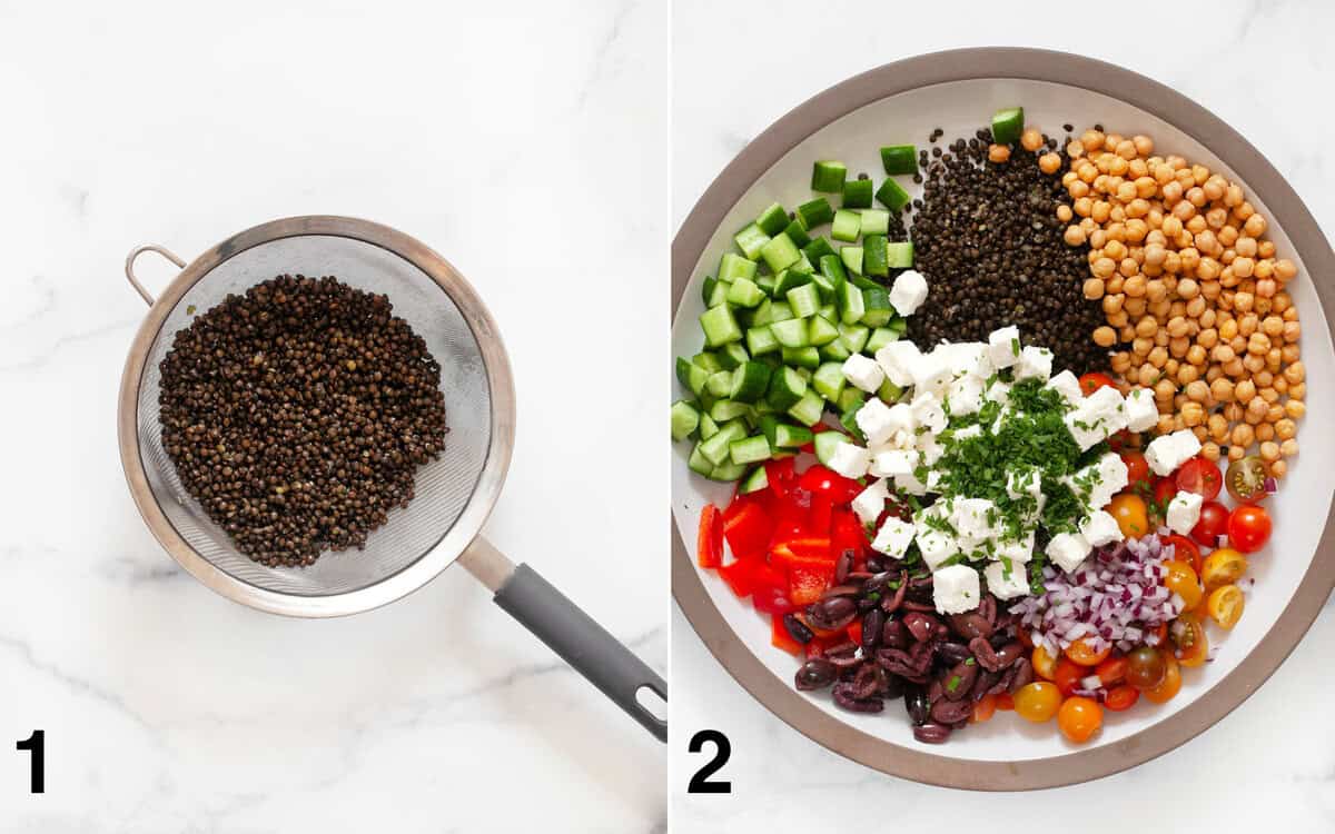 Cooked lentils in a strainer. Salad ingredients assembled in a large bowl.