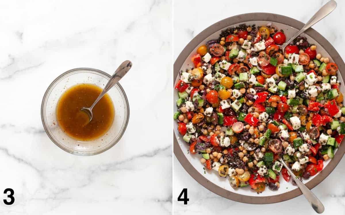Vinaigrette mixed in a small bowl. Dressing tossed with salad in a large bowl.