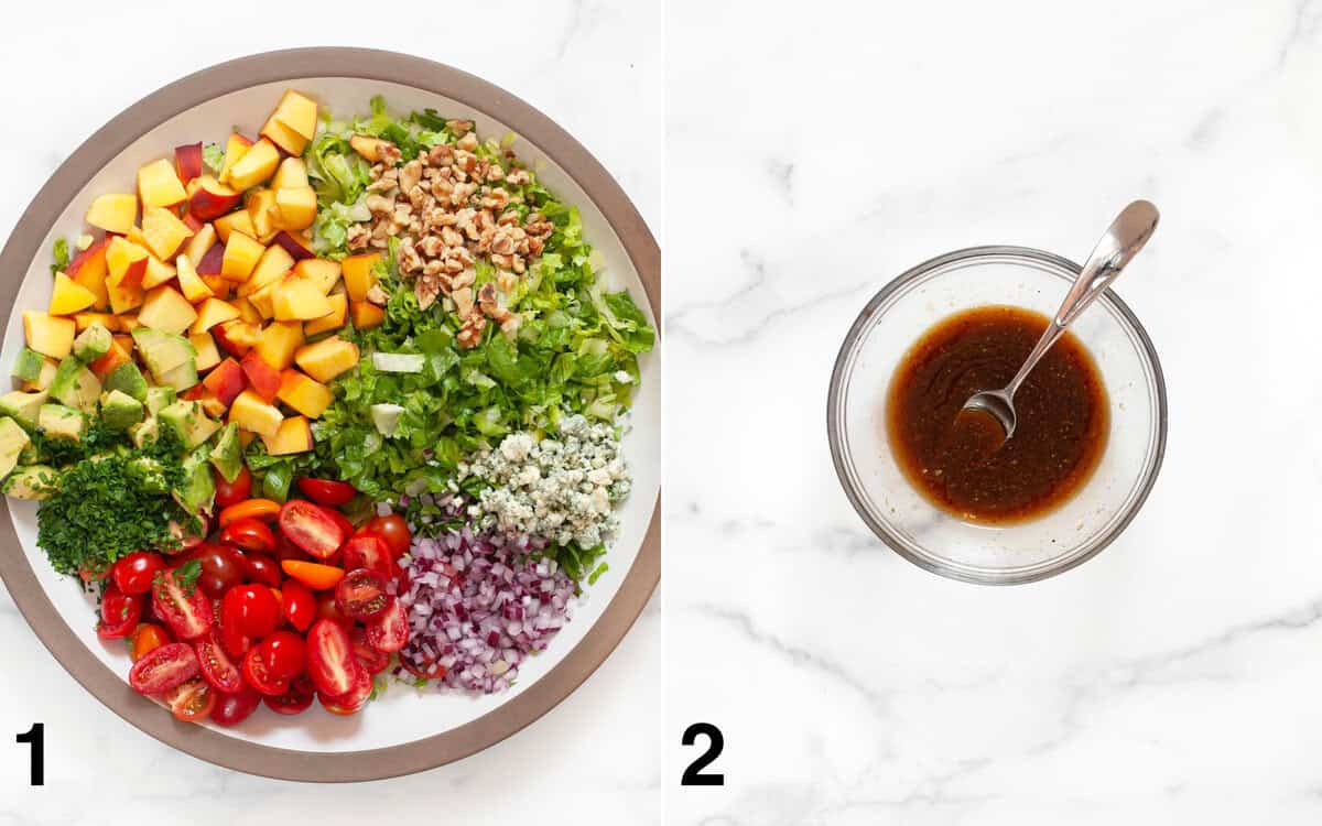 Salad ingredients in a large bowl. Balsamic viniagrette in a small bowl.