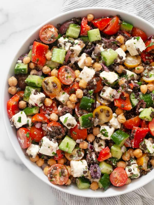 Mediterranean lentil salad in a bowl.