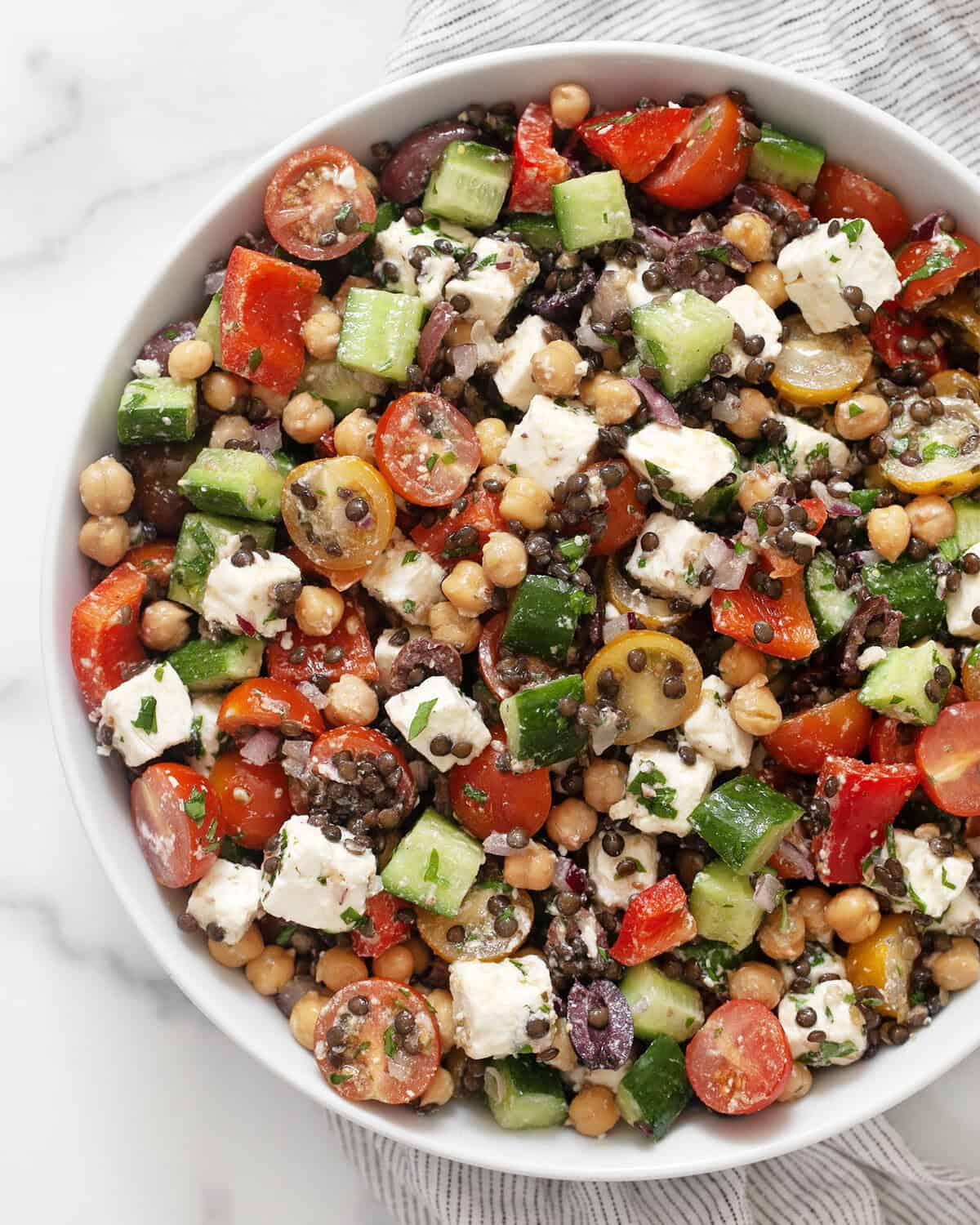 Mediterranean lentil salad in a bowl.