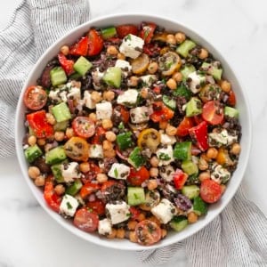 Mediterranean lentil salad in a bowl.