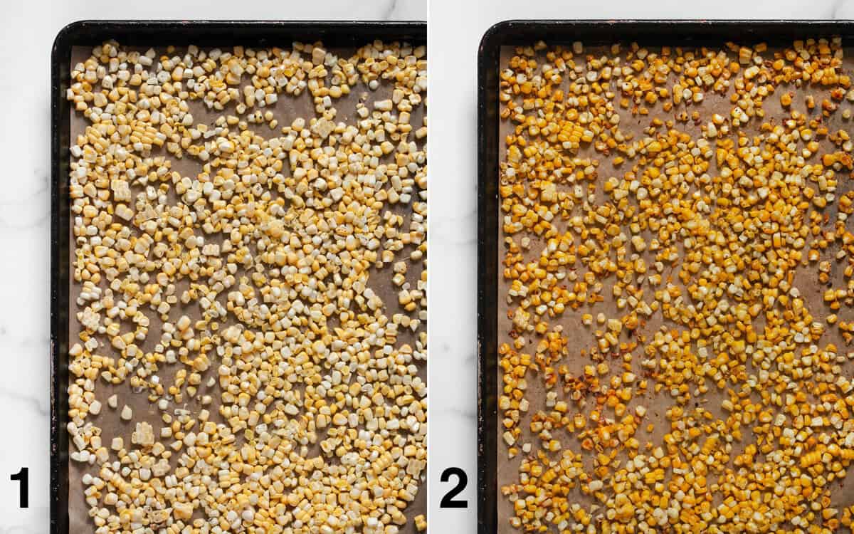 Corn kernels on a sheet pan before and after you roast them.