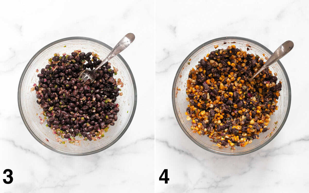 Black beans stirred with red onions, jalapenos and spices in a bowl. Corn stirred into mashed beans.