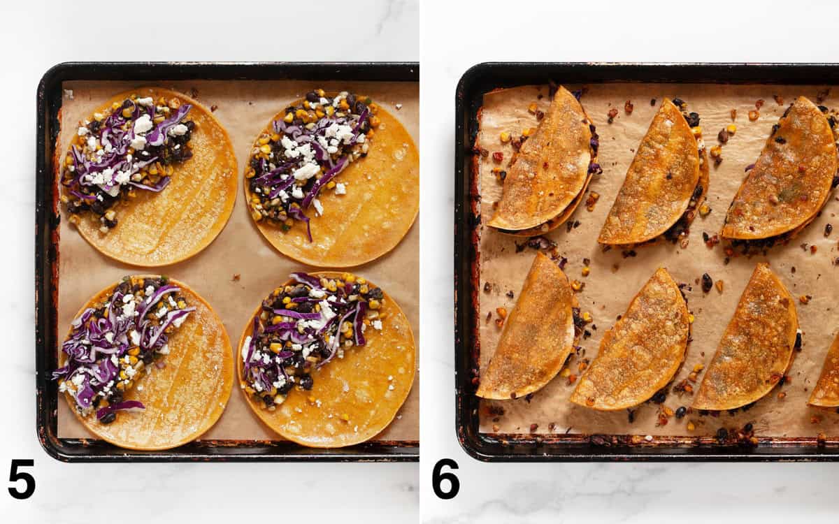 Assembled tacos on a sheet pan. Baked tacos on the pan.