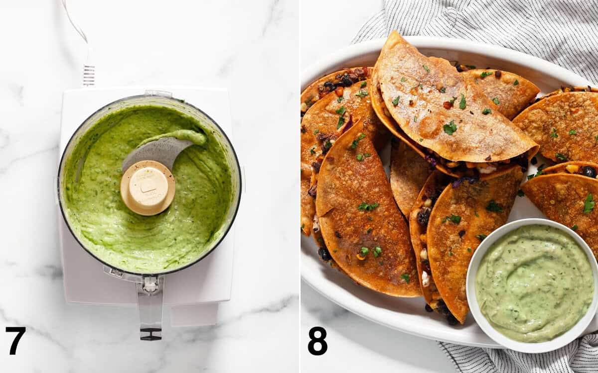 Avocado crema in a food processor. Crispy tacos on a serving plate.