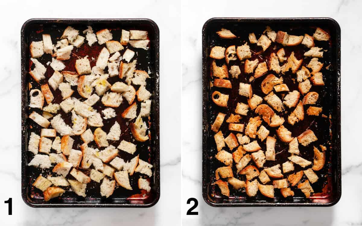 Bread on a sheet pan before and after it is toasted into corutons.