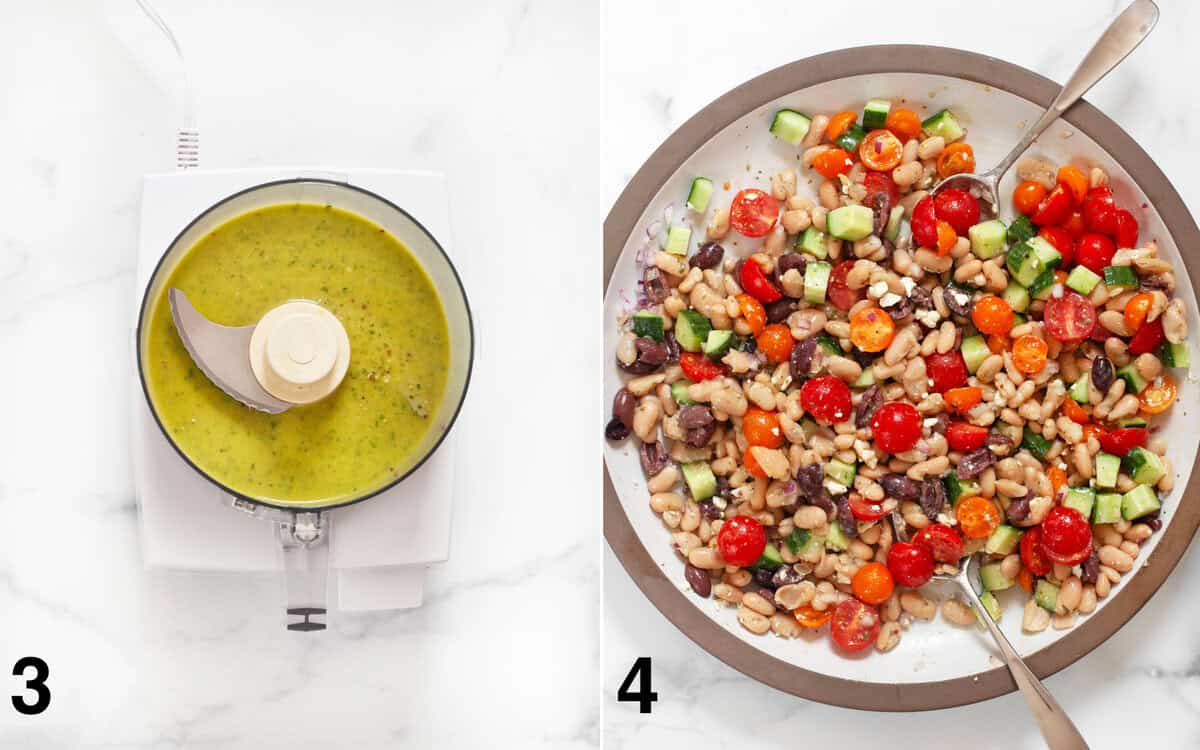 Lemon basil dressing in a food processor. Salad ingredients tossed in a bowl.
