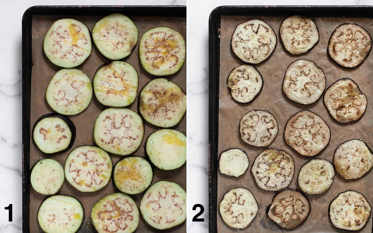 Eggplant on a sheet pan before and after it is roasted.