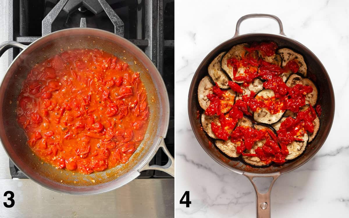 Tomato sauce simmering in a skillet. First section of casserole assembled in a skillet.