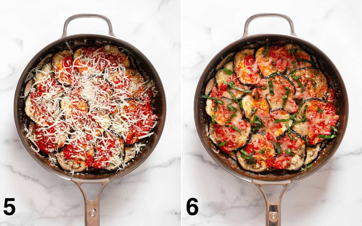 Casserole in a skillet before and after it is baked.