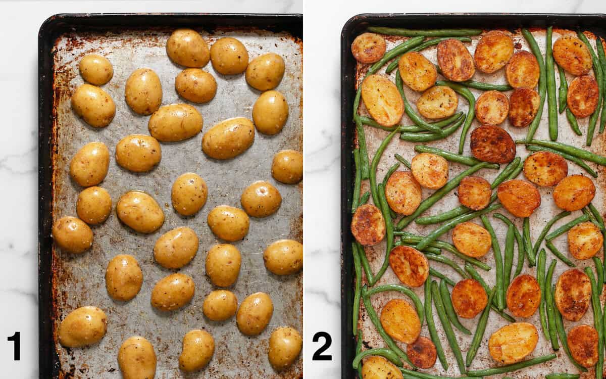 Potatoes on a sheet pan. Roasted potatoes and green beans on a pan.