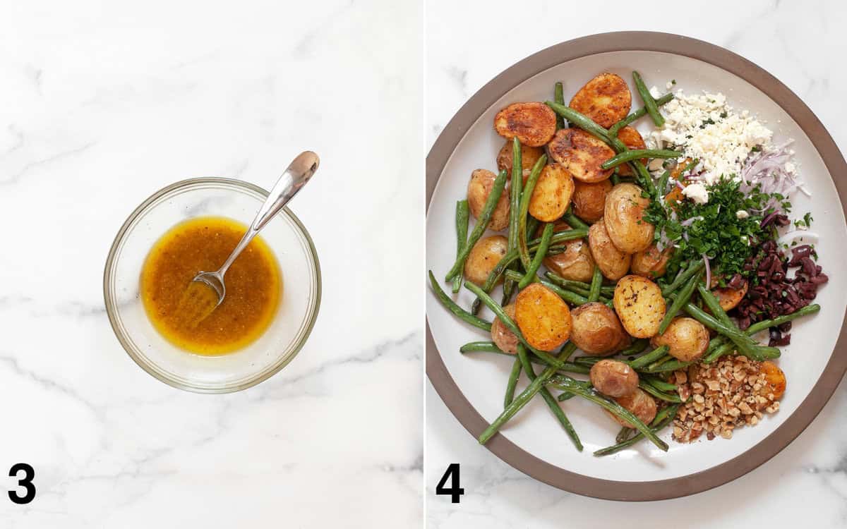 Dressing stirred in a small bowl. Salad ingredients combined in a large bowl.