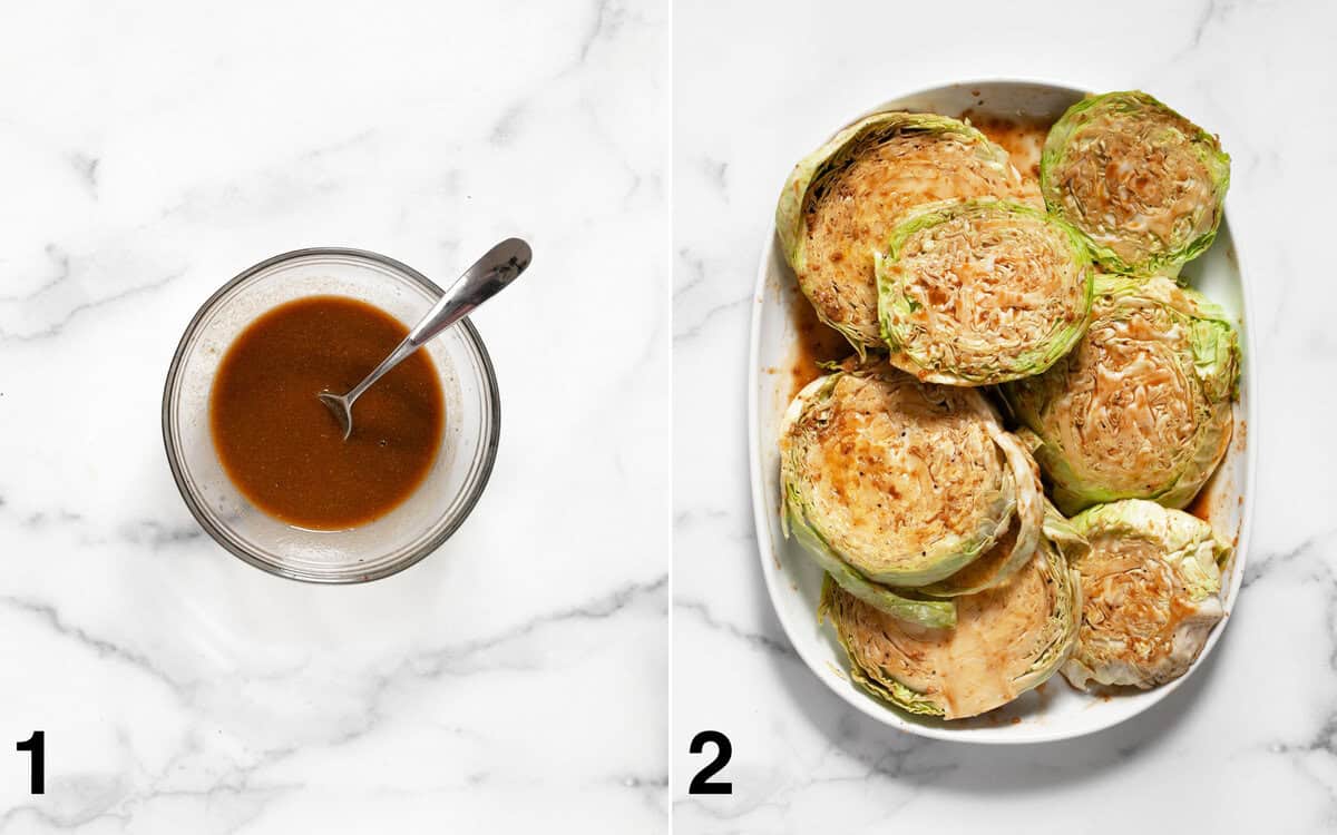 Tahini-soy sauce marinade in a bowl. Marinated fresh cabbage steaks on a plate.