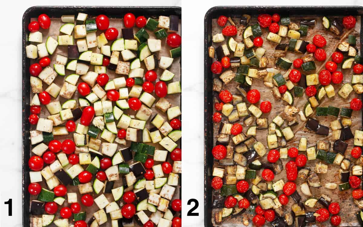 Vegetables on a sheet pan before and after they are roasted.