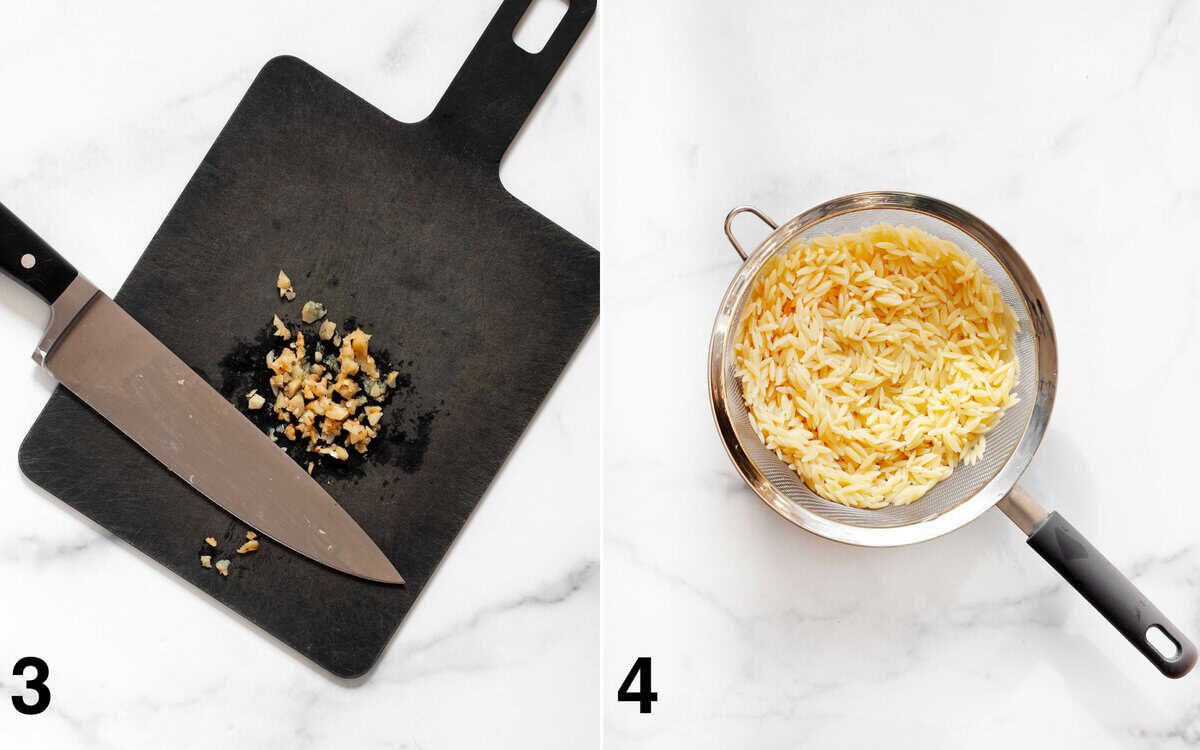 Minced roasted garlic on a cutting board. Orzo in a mesh strainer.