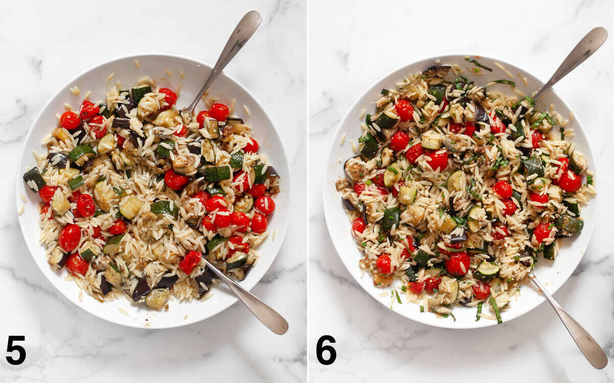 Roasted vegetables and garlic stirred into orzo in a bowl. Basil, chives and parmesan folded into orzo.