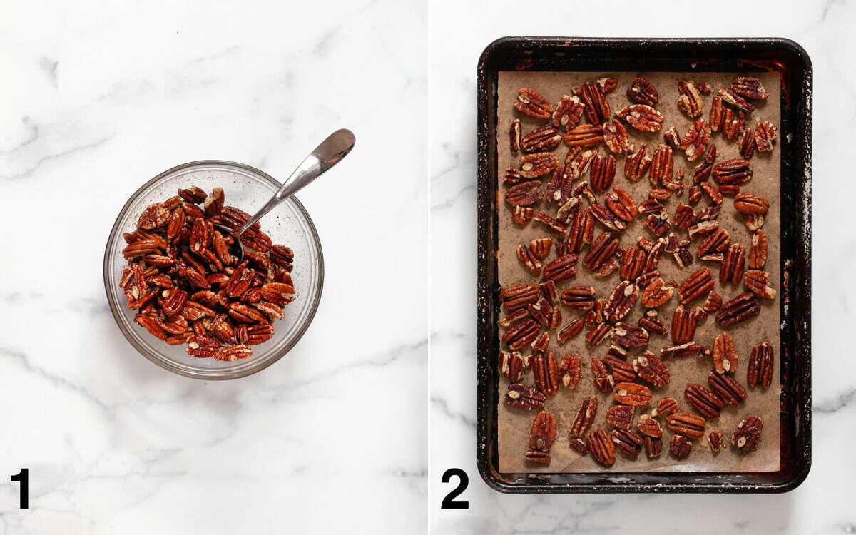 Pecans stirred with maple syrup, oil and spices in a bowl. Toasted pecans on a sheet pan.