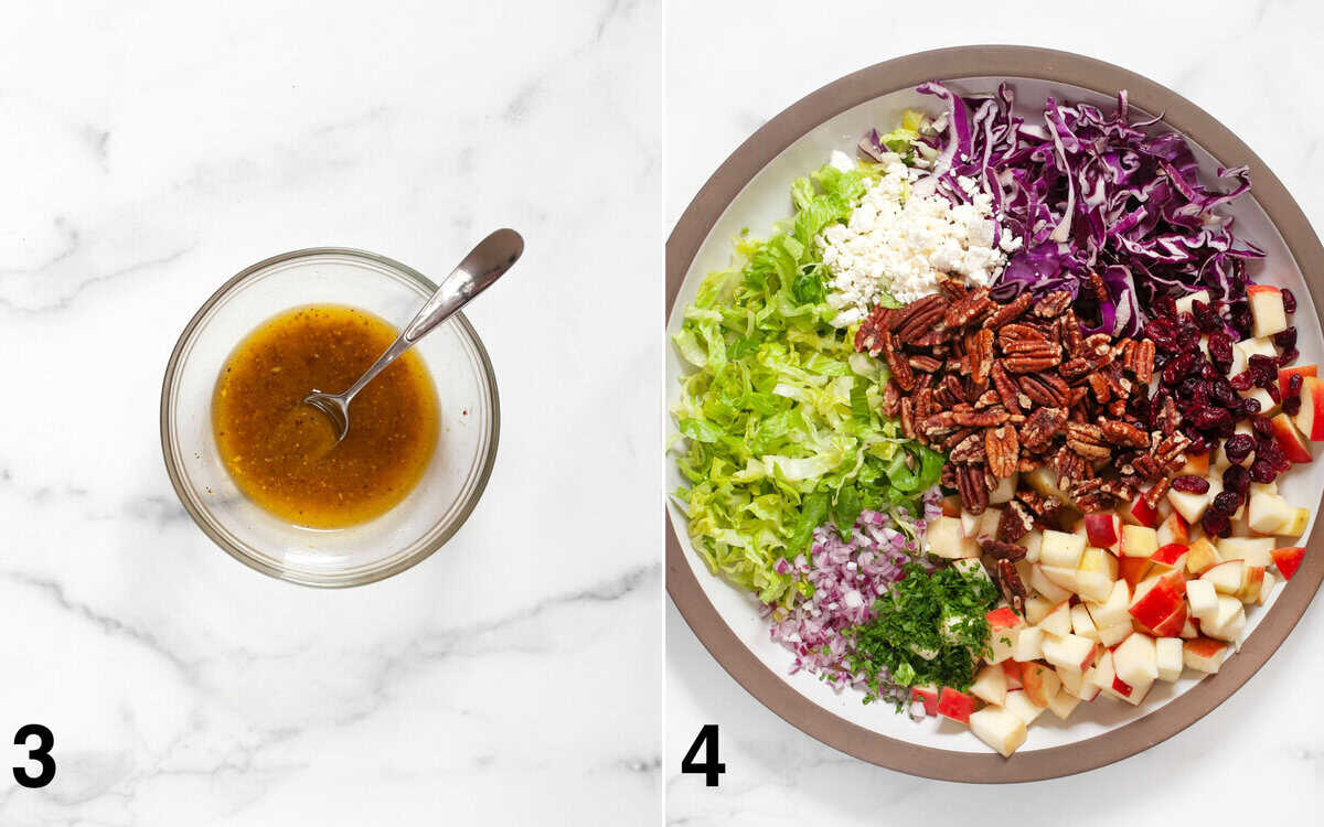 Vinaigrette stirred in a small bowl. Salad ingredients assembled in a large bowl.