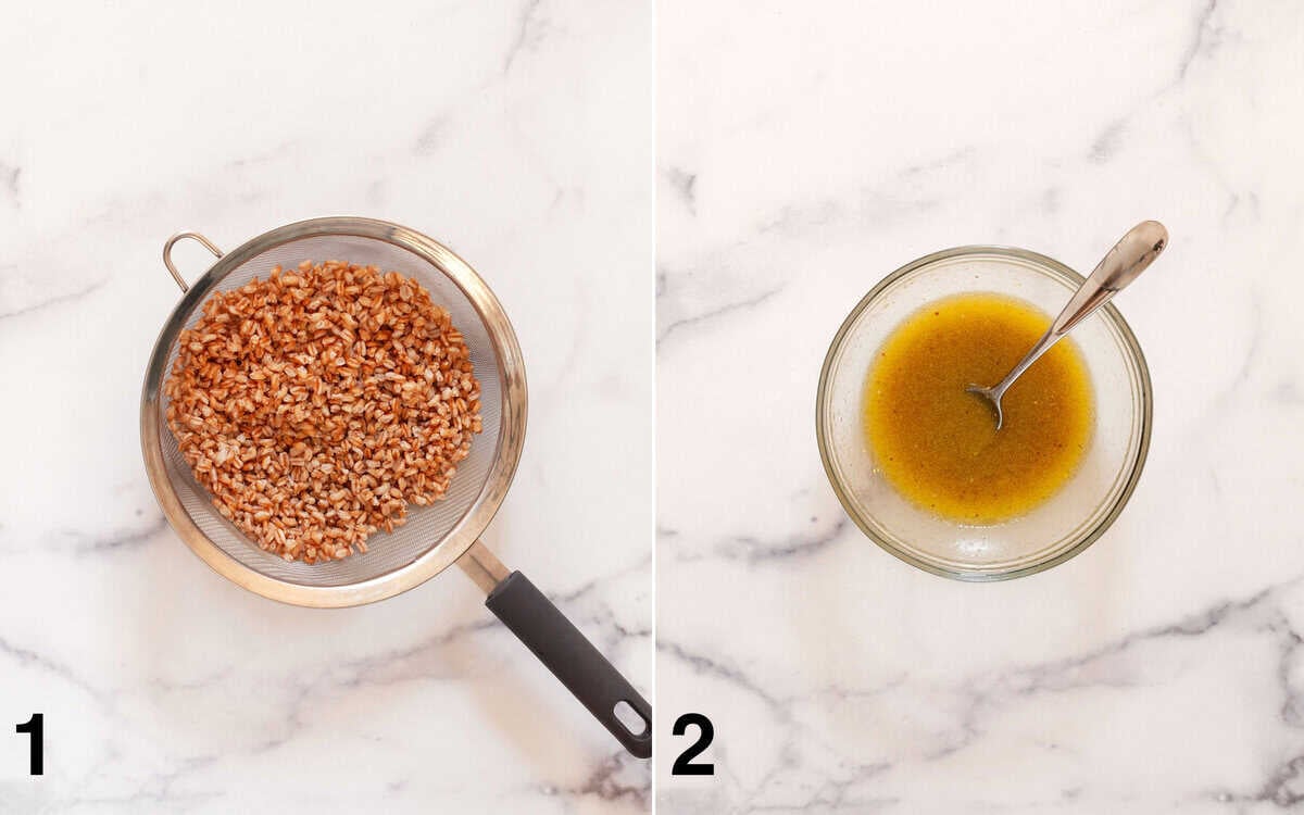 Cook farro in a strainer. Vinaigrette in a small bowl.