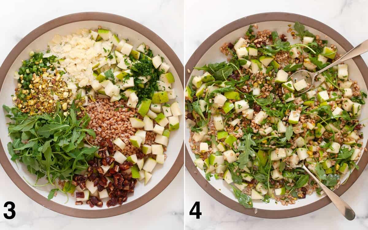 Salad ingredients in a bowl. Salad tossed with dressing.