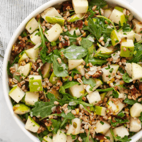 Pear farro salad in a bowl.