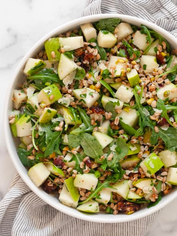 Pear farro salad in a bowl.
