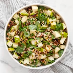 Pear farro salad in a bowl.