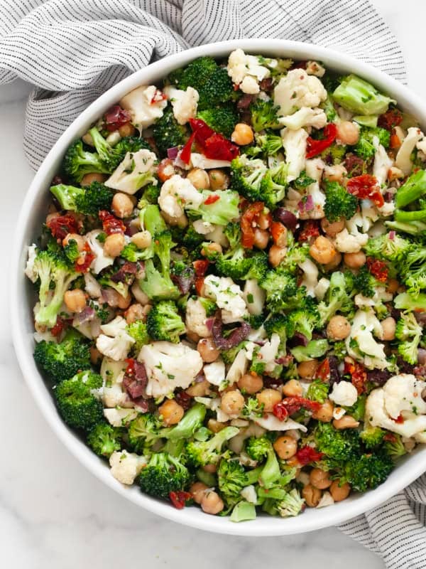 Broccoli cauliflower salad in a bowl.