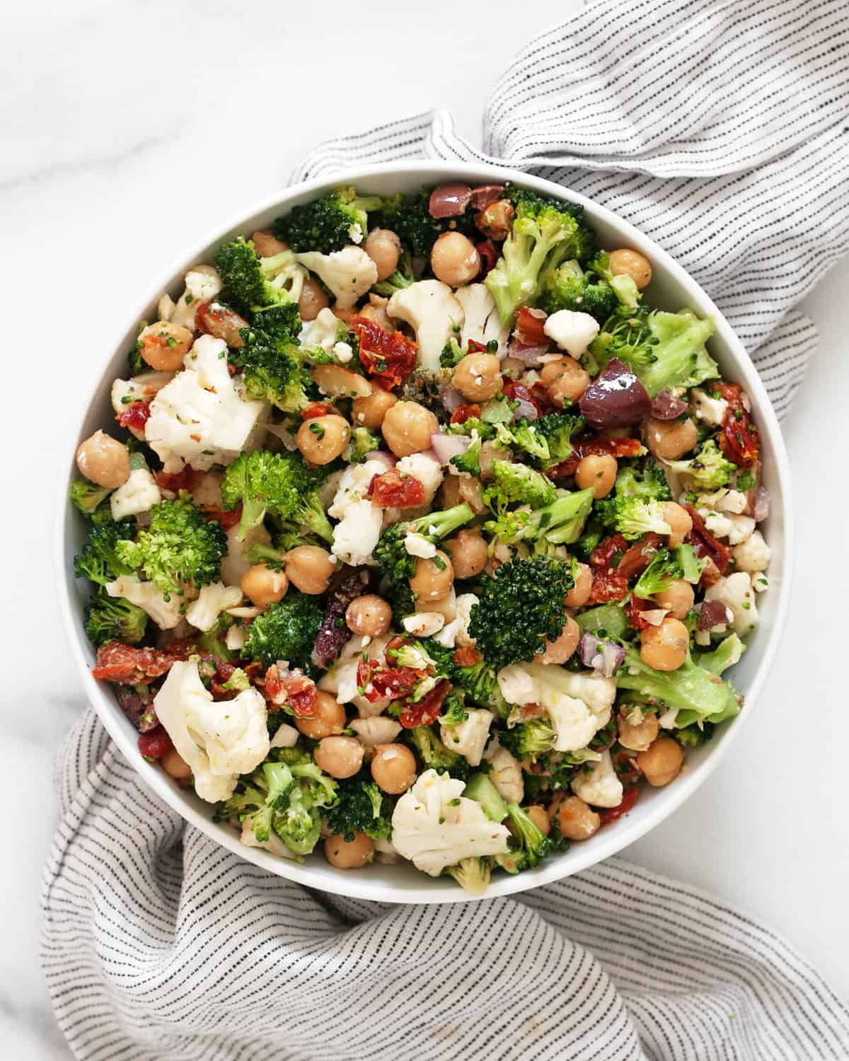 Broccoli cauliflower salad in a bowl.