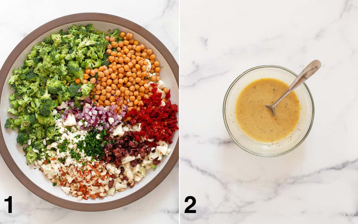 Salad ingredients assembled in a large bowl. Salad dressing stirred in a a small bowl.