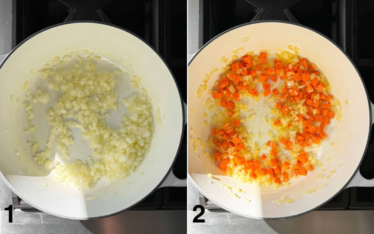Onions sauteing in a pot. Diced carrots added to onions.