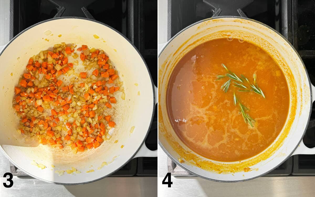 Garlic and seasonings stirred into sauteed onions and carrots in a pot. Soup simmering on the stove.