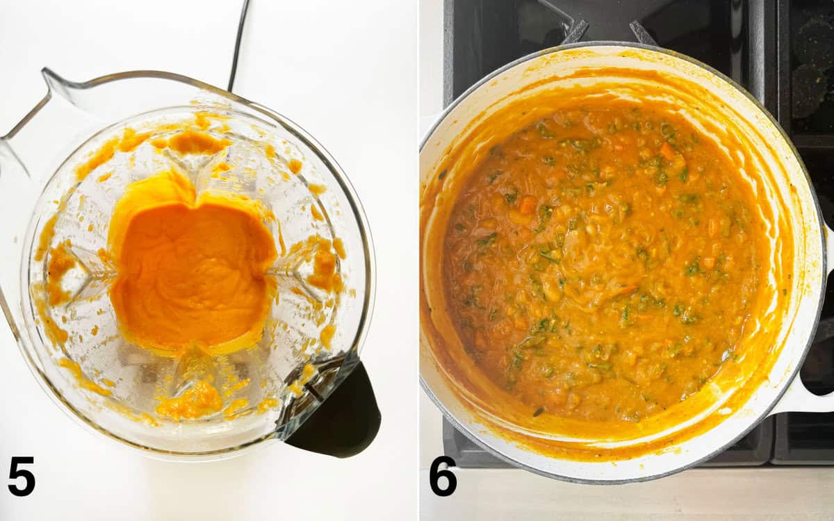 Pureed soup in a blender. Creamy pumpkin soup in a large pot after it finishes simmering.