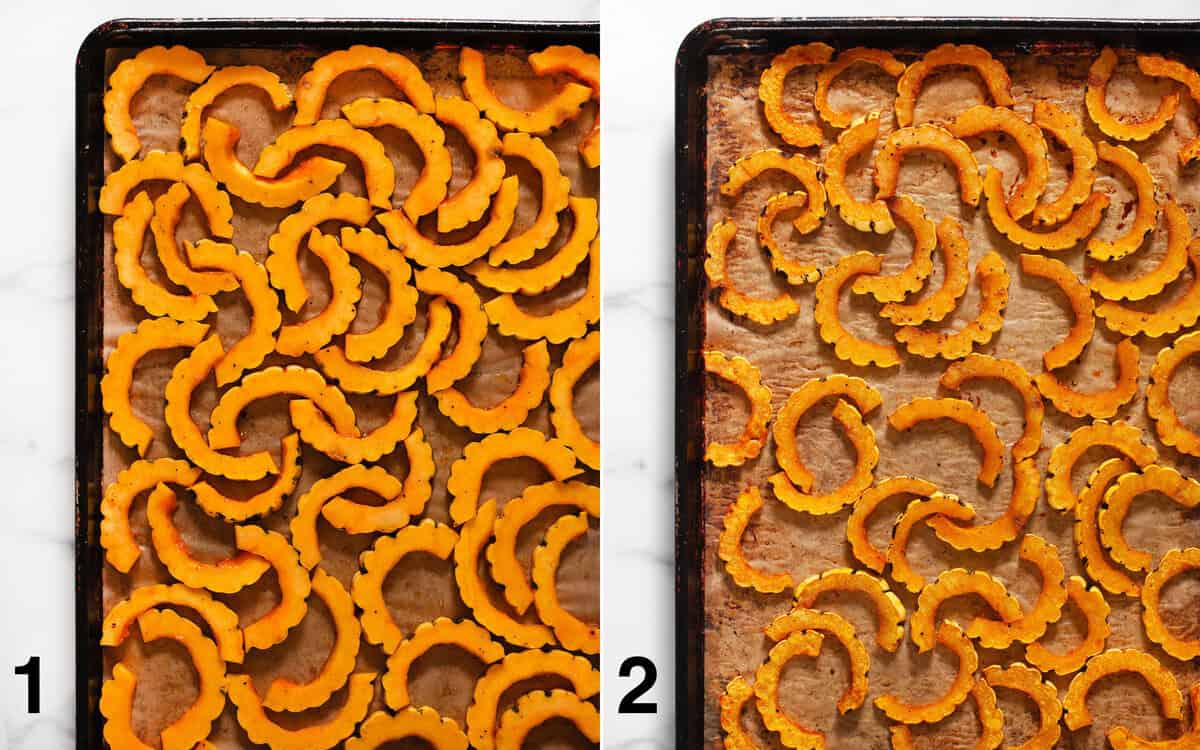 Delicata squash on a sheet pan before and after it is roasted.