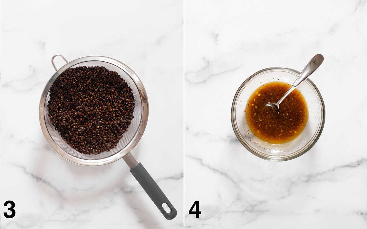 Cooked lentils in a strainer. Vinaigrette stirred in a small bowl.