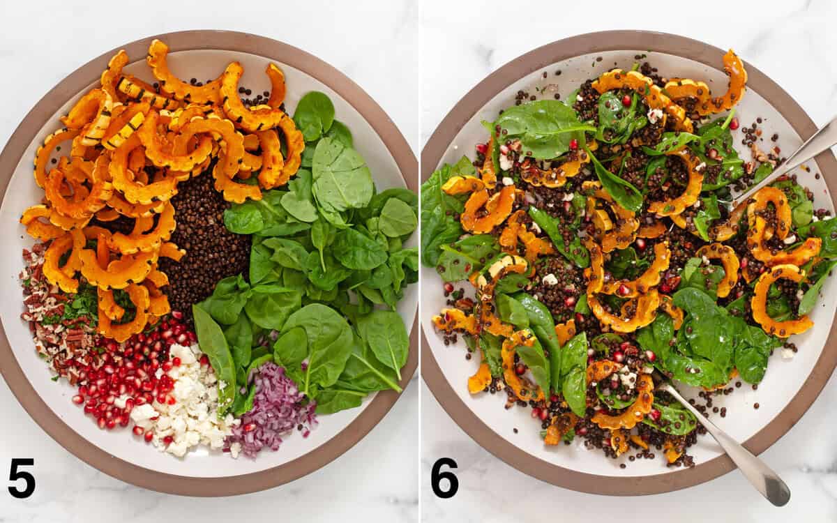 Salad ingredients assembled in a large bowl. Salad tossed with dressing.