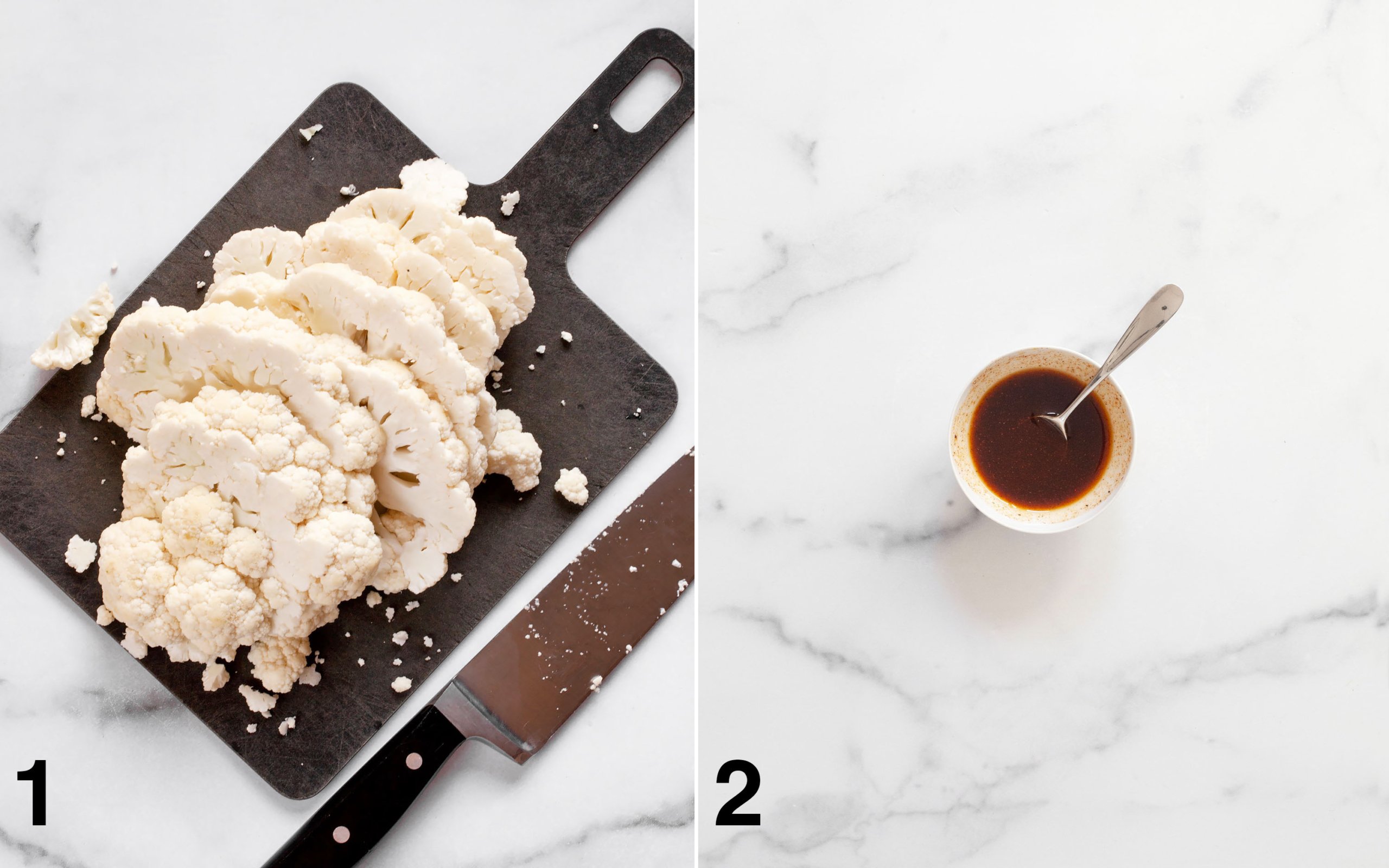 Sliced cauliflower on a cutting board. Spice-oil mixture in a small bowl.